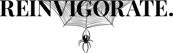 Spooky design with spider and web on a white background, featuring the word 'REINVIGORATE'.