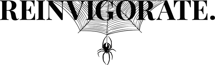 Spooky design with spider and web on a white background, featuring the word 'REINVIGORATE'.